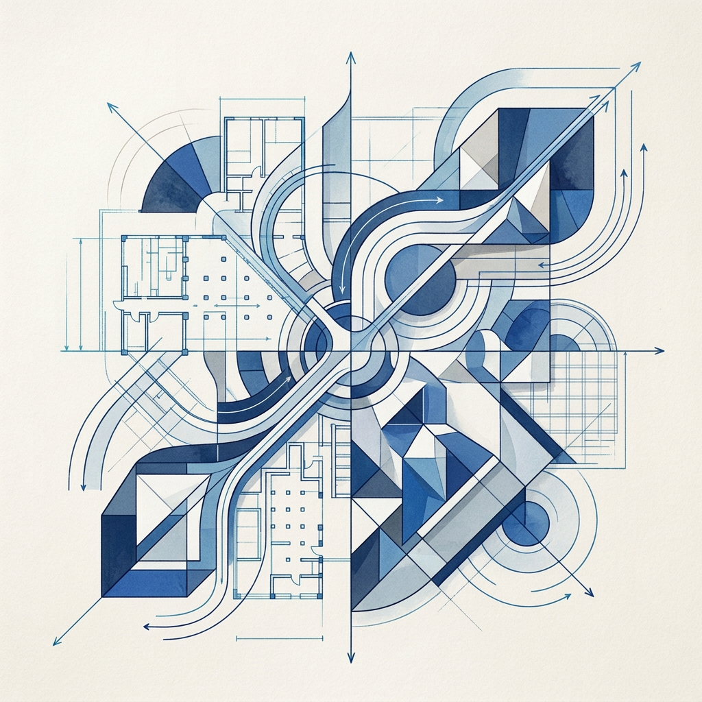 Abstract blue architectural blueprint with floor plans, geometric shapes, circles, and directional arrows